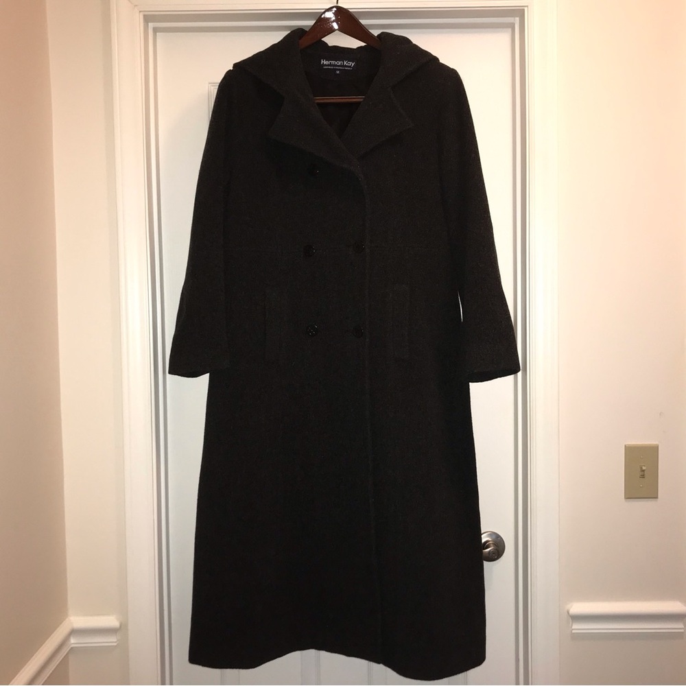 100% Long Grey Wool Winter Dress Coat with Hood by Herman Kay Size 12